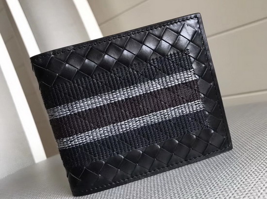 Bottega Veneta Bi Fold Wallet with Stripe Black Calfskin