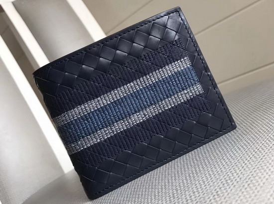 Bottega Veneta Blue Calfskin Bi Fold Wallet with Stripe