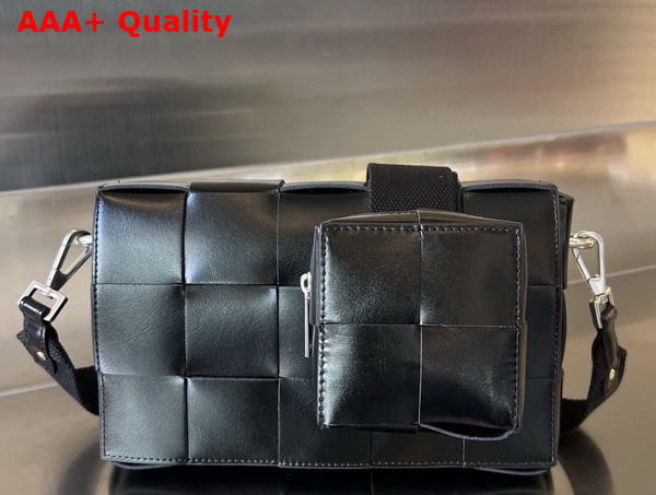 Bottega Veneta Cassette with Versatile Strap in Black Intreccio Leather Replica