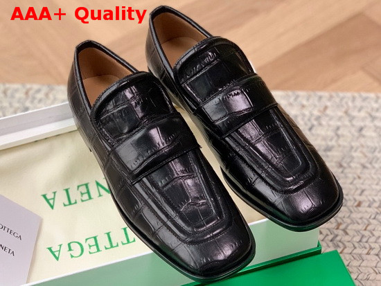 Bottega Veneta Crocodile Print Calf Leather Loafers in Black Replica