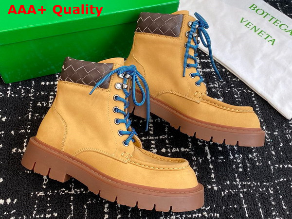 Bottega Veneta Haddock Lace Up Ankle Boot Ochre Rubber Nubuck Leather with Intrecciato Leather Collar Replica