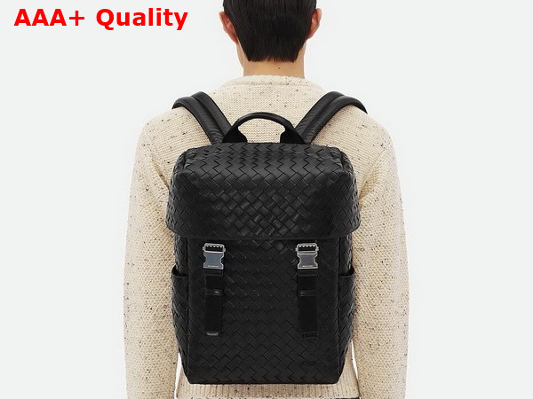 Bottega Veneta Intrecciato Flap Backpack in Black Leather Replica