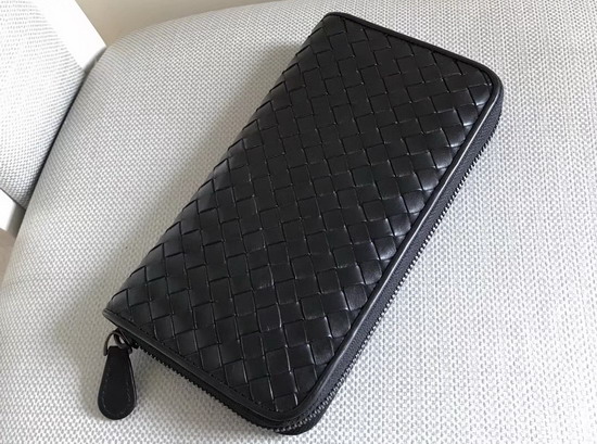 Bottega Veneta Intrecciato Nappa Zip Around Wallet in Black Calfskin