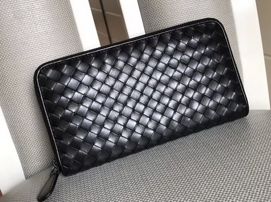 Bottega Veneta Intrecciato Nappa Zip Around Wallet in Black Calfskin