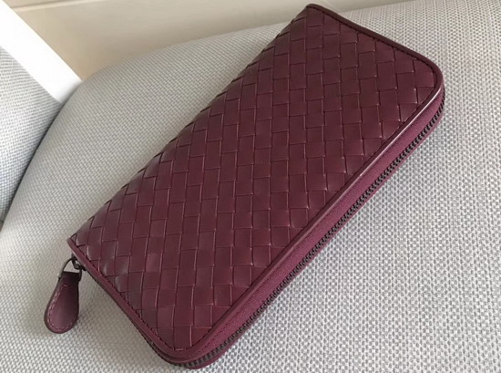 Bottega Veneta Intrecciato Nappa Zip Around Wallet in Dark Red Calfskin