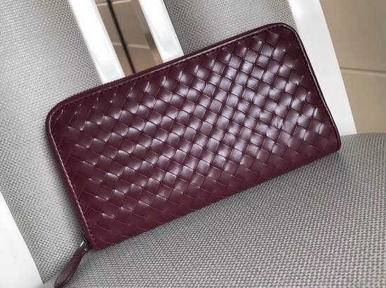 Bottega Veneta Intrecciato Nappa Zip Around Wallet in Dark Red Calfskin