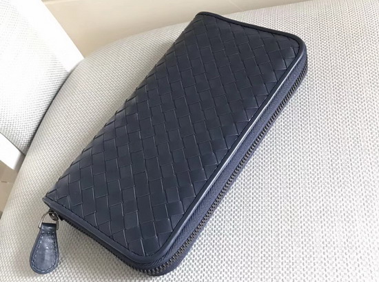 Bottega Veneta Intrecciato Nappa Zip Around Wallet in Navy Blue Calfskin