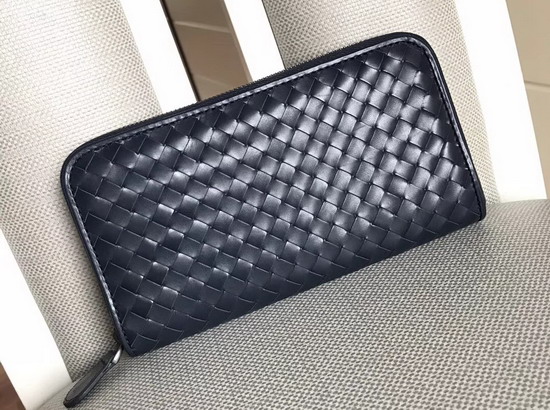 Bottega Veneta Intrecciato Nappa Zip Around Wallet in Navy Blue Calfskin