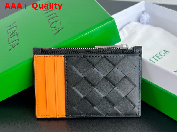 Bottega Veneta Intrecciato Zipped Card Case Black and Orange Replica