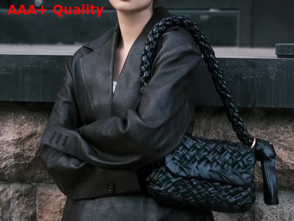 Bottega Veneta Kalimero Citta Black Shoulder Bag in Soft Foulard Intreccio Leather with Sliding Shoulder Strap Replica