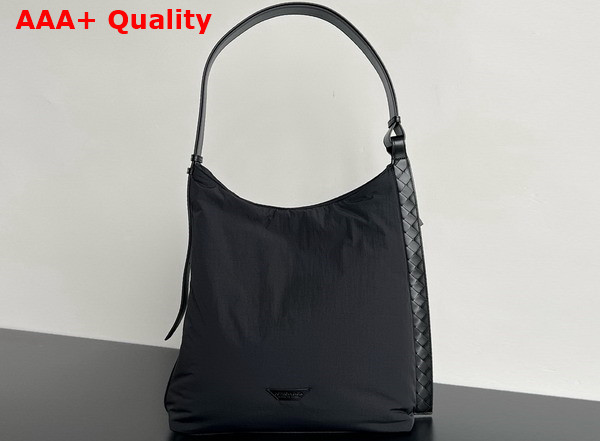 Bottega Veneta Large Crossroad Hobo Bag in Black Lightweight Padded Nylon with Adjustable Intrecciato Leather Strap Replica