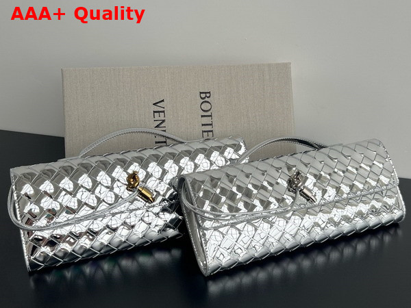 Bottega Veneta Long Clutch Andiamo with Handle Silver Metallic Intrecciato Leather Replica