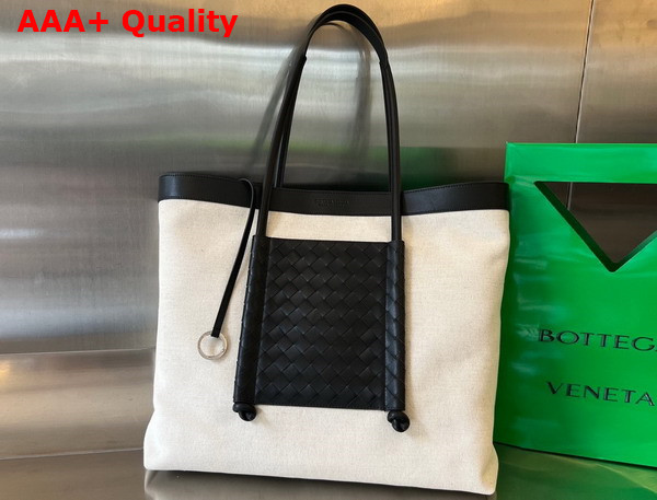 Bottega Veneta Portello Tote Bag in Canvas with Intrecciato Leather Trimmings Natural Black Replica