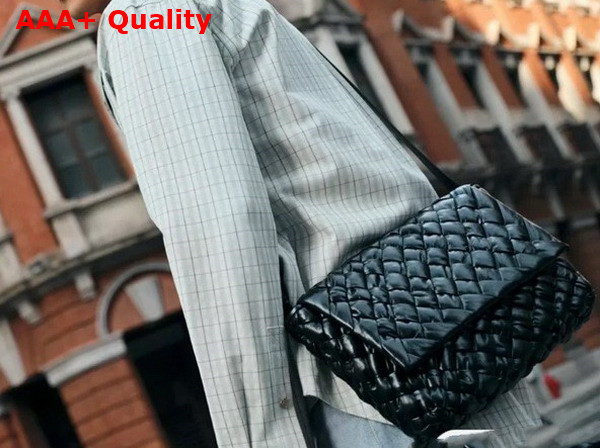 Bottega Veneta Rumple Messenger in Black Shiny Foulard Intreccio Leather with Adjustable Strap Replica