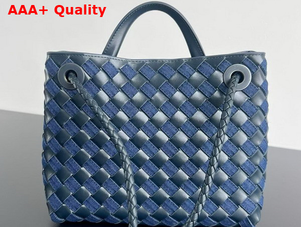 Bottega Veneta Small Andiamo Bag in Intrecciato Leather and Denim Abyss Indigo Replica