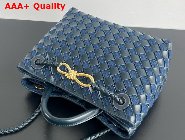 Bottega Veneta Small Andiamo Bag in Intrecciato Leather and Denim Abyss Indigo Replica