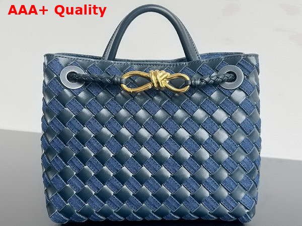 Bottega Veneta Small Andiamo Bag in Intrecciato Leather and Denim Abyss Indigo Replica