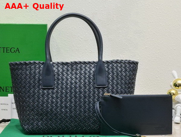 Bottega Veneta Small Cabat in Navy Blue Intreccio Leather Replica