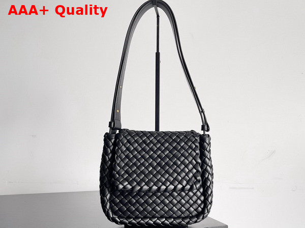 Bottega Veneta Small Cobble Shoulder Bag in Black Soft Padded Intreccio Leather Replica