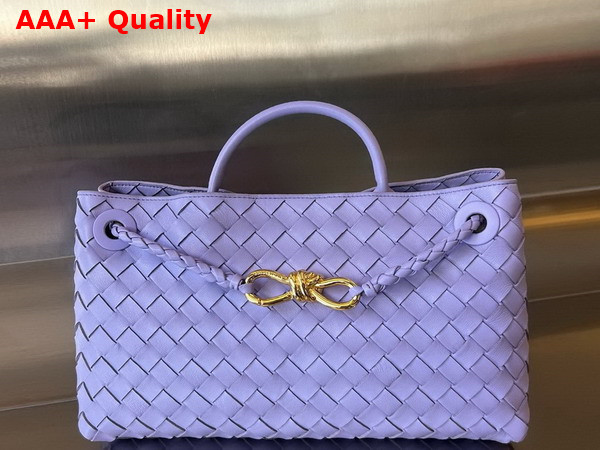 Bottega Veneta Small East West Andiamo Top Handle Bag in Lilac Intrecciato Leather Replica