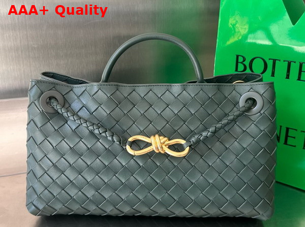 Bottega Veneta Small East West Andiamo Top Handle Bag in Raintree Intrecciato Leather Replica