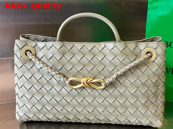 Bottega Veneta Small East West Andiamo Top Handle Bag in Travertine Intrecciato Leather Replica