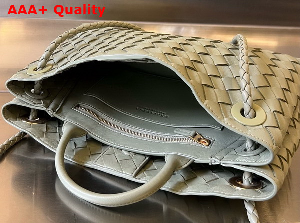 Bottega Veneta Small East West Andiamo Top Handle Bag in Travertine Intrecciato Leather Replica