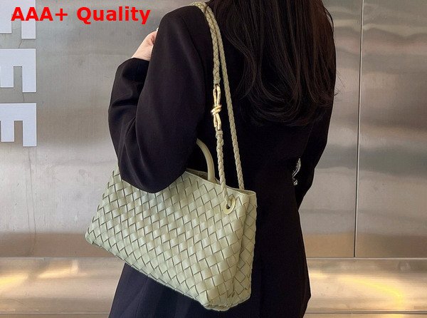 Bottega Veneta Small East West Andiamo Top Handle Bag in Travertine Intrecciato Leather Replica