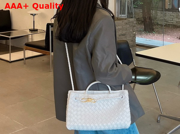 Bottega Veneta Small East West Andiamo Top Handle Bag in White Intrecciato Leather Replica