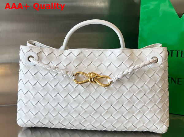 Bottega Veneta Small East West Andiamo Top Handle Bag in White Intrecciato Leather Replica