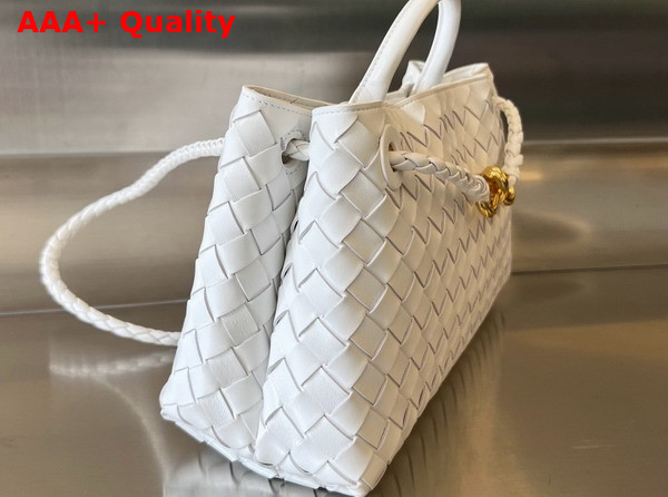 Bottega Veneta Small East West Andiamo Top Handle Bag in White Intrecciato Leather Replica