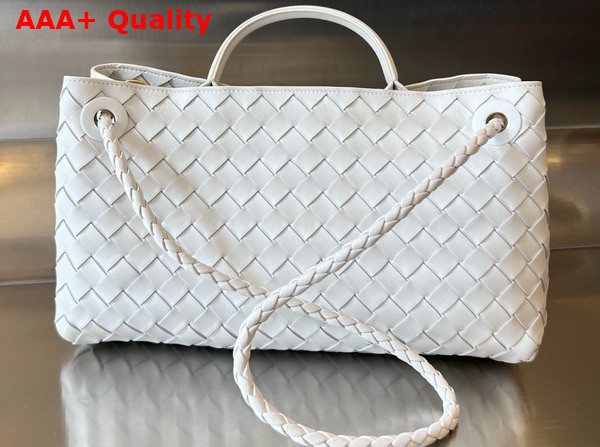 Bottega Veneta Small East West Andiamo Top Handle Bag in White Intrecciato Leather Replica