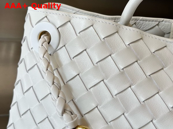 Bottega Veneta Small East West Andiamo Top Handle Bag in White Intrecciato Leather Replica