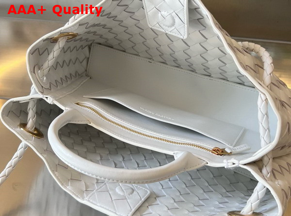 Bottega Veneta Small East West Andiamo Top Handle Bag in White Intrecciato Leather Replica