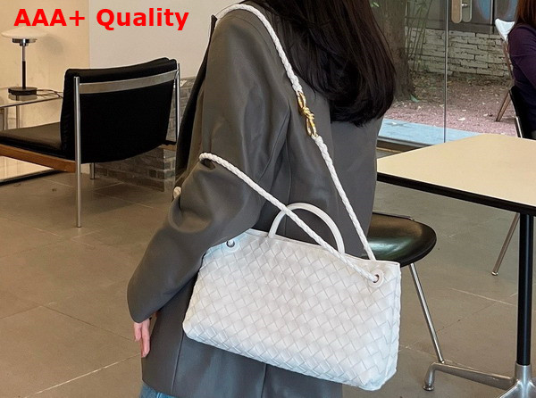 Bottega Veneta Small East West Andiamo Top Handle Bag in White Intrecciato Leather Replica