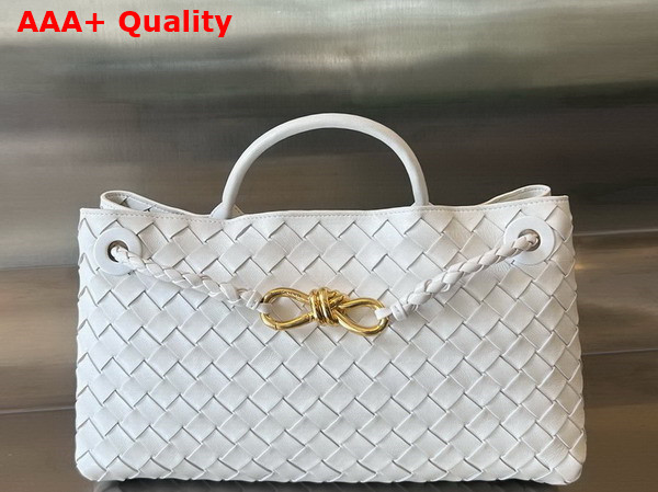 Bottega Veneta Small East West Andiamo Top Handle Bag in White Intrecciato Leather Replica