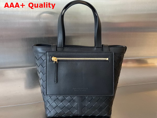 Bottega Veneta Small Flip Flap Tote Bag in Black Soft Intrecciato Leather with Zipped Pocket Replica