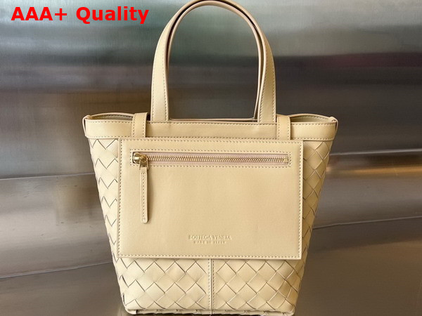 Bottega Veneta Small Flip Flap Tote Bag in Porridge Soft Intrecciato Leather with Zipped Pocket Replica