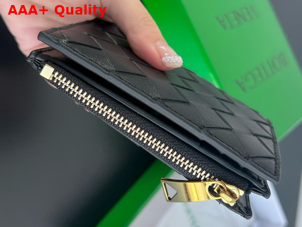 Bottega Veneta Small Intrecciato Bi Fold Zip Wallet in Black Intrecciato Leather Replica