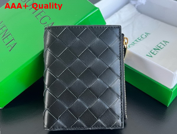 Bottega Veneta Small Intrecciato Bi Fold Zip Wallet in Black Intrecciato Leather Replica