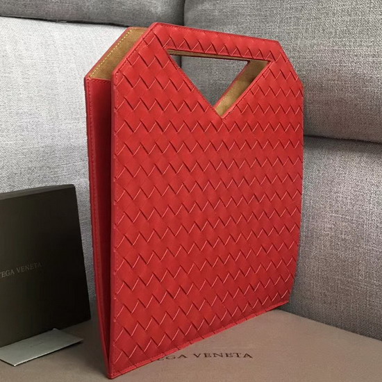 Bottega Veneta Small North South Tote in Red Intrecciato Spazzolato Calfskin