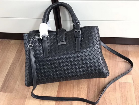 Bottega Veneta Small Roma Bag in Black Intrecciato Calf Leather