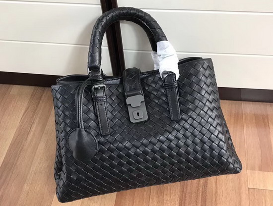 Bottega Veneta Small Roma Bag in Black Intrecciato Calf Leather