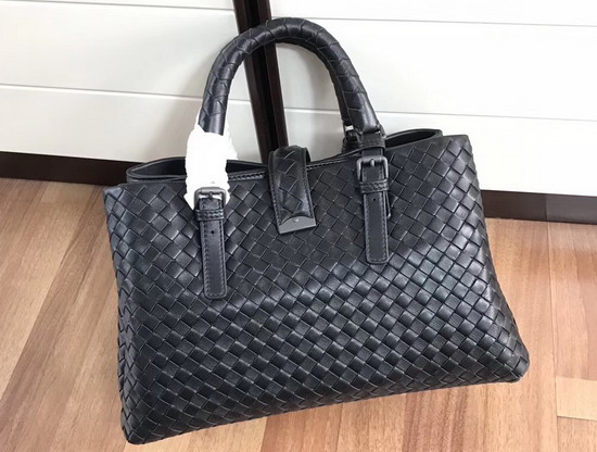 Bottega Veneta Small Roma Bag in Black Intrecciato Calf Leather