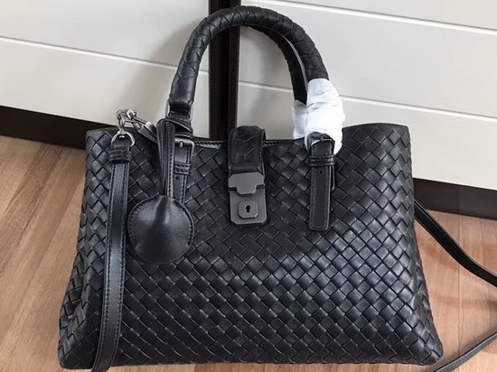 Bottega Veneta Small Roma Bag in Black Intrecciato Calf Leather