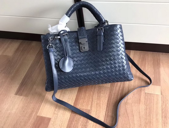 Bottega Veneta Small Roma Bag in Blue Intrecciato Calf Leather