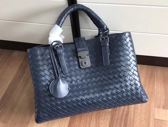 Bottega Veneta Small Roma Bag in Blue Intrecciato Calf Leather