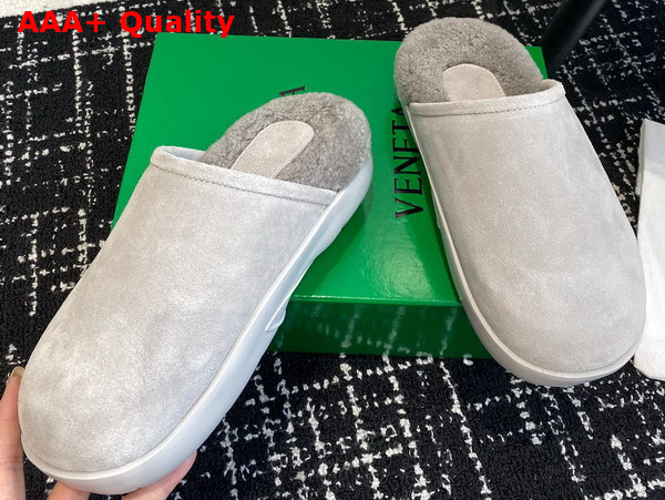 Bottega Snap Slipper in Light Grey Shearling Open Back Slipper Replica