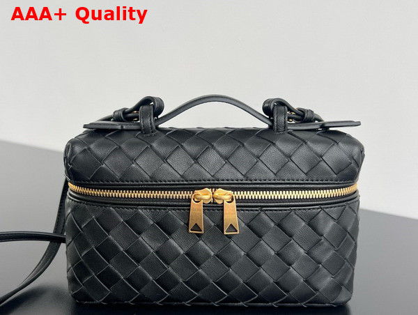 Bottega Veneta Vanity Case On Strap Black Intrecciato Leather Replica