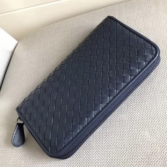 Bottega Veneta Zip Around Wallet in Navy Blue Lambskin